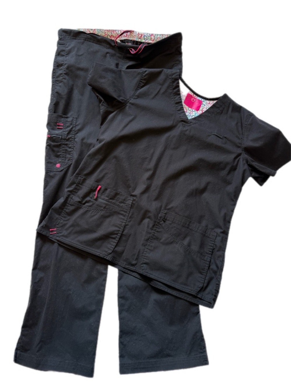 Life is peachy Black Scrub Set with Pink Trim pants medium TALL ; top large - Picture 2 of 12